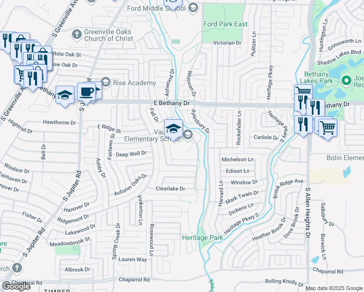 map of restaurants, bars, coffee shops, grocery stores, and more near 820 Cottonwood Drive in Allen