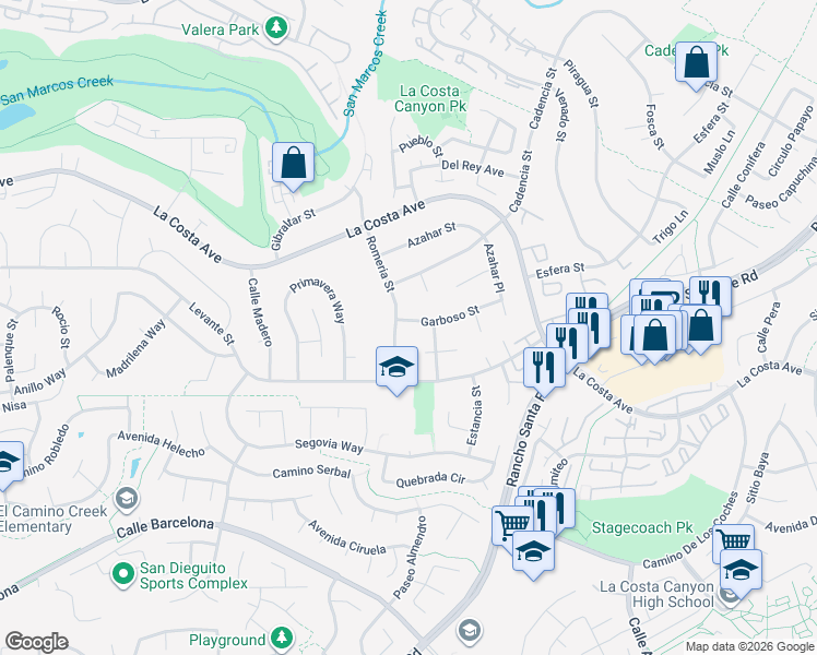 map of restaurants, bars, coffee shops, grocery stores, and more near 3003 Garboso Street in Carlsbad