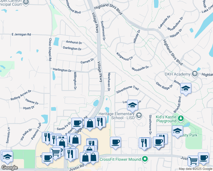map of restaurants, bars, coffee shops, grocery stores, and more near 3227 Newhaven Drive in Highland Village