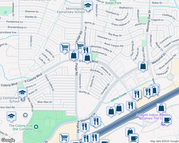 map of restaurants, bars, coffee shops, grocery stores, and more near 5445 Buckskin Drive in The Colony