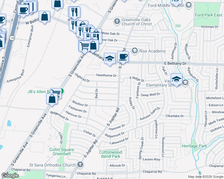 map of restaurants, bars, coffee shops, grocery stores, and more near 556 Northridge Drive in Allen