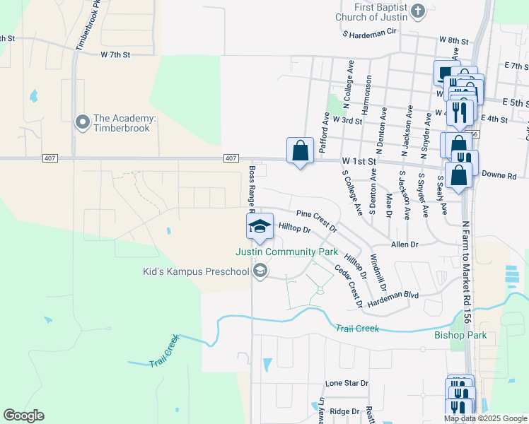 map of restaurants, bars, coffee shops, grocery stores, and more near 295 Pine Crest Drive in Justin