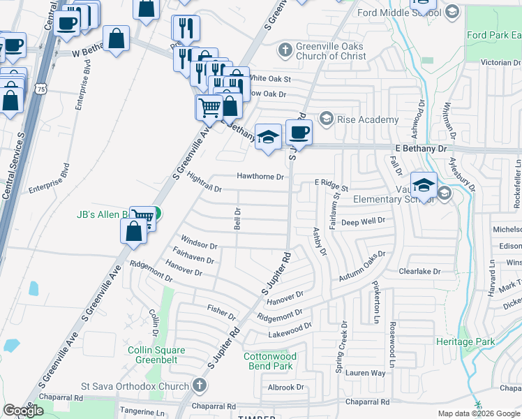 map of restaurants, bars, coffee shops, grocery stores, and more near 556 Northridge Drive in Allen