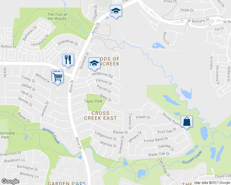 map of restaurants, bars, coffee shops, grocery stores, and more near 816 Purcell Drive in Plano