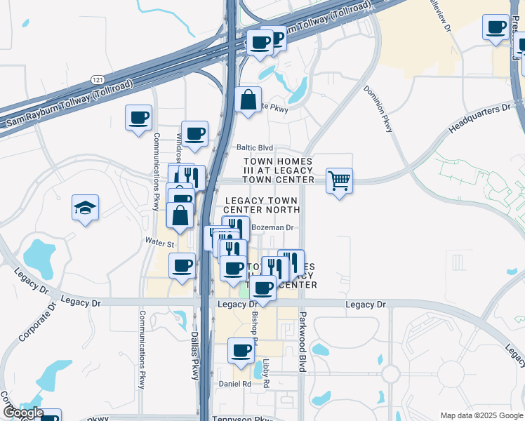 map of restaurants, bars, coffee shops, grocery stores, and more near 5765 Bozeman Drive in Plano