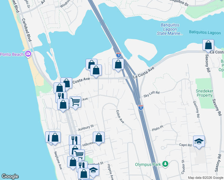 map of restaurants, bars, coffee shops, grocery stores, and more near 366 Andrew Avenue in Encinitas