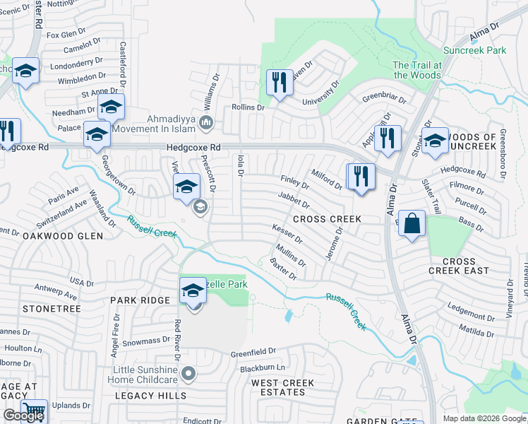 map of restaurants, bars, coffee shops, grocery stores, and more near 1501 Kesser Drive in Plano