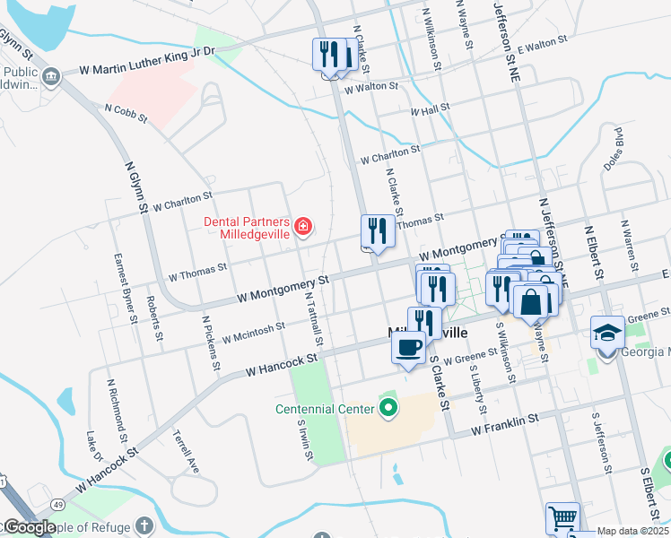 map of restaurants, bars, coffee shops, grocery stores, and more near 603 West Montgomery Street in Milledgeville