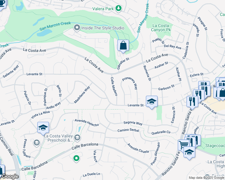 map of restaurants, bars, coffee shops, grocery stores, and more near 7645 Calle Madero in Carlsbad