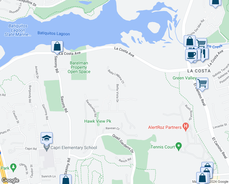 map of restaurants, bars, coffee shops, grocery stores, and more near 1386 Bello Mar Drive in Encinitas