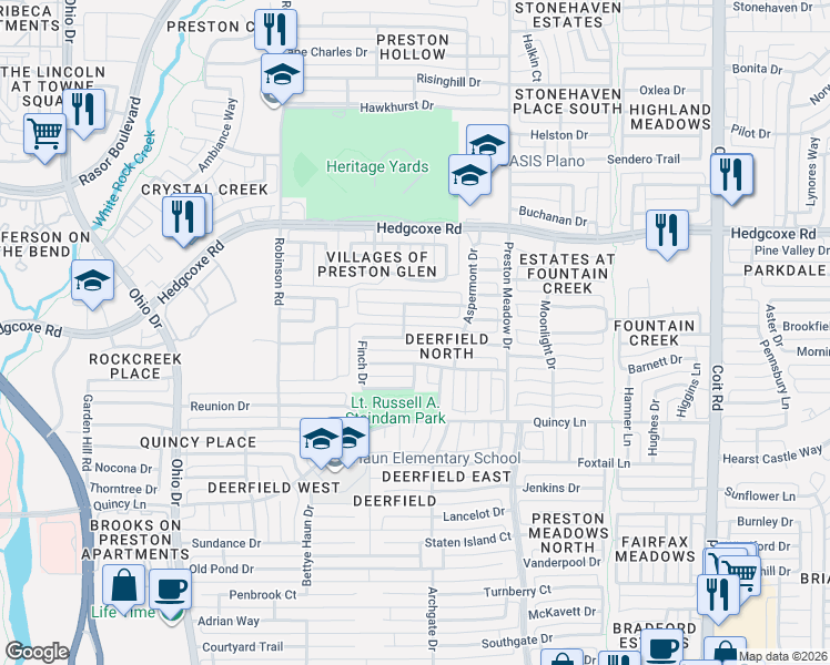 map of restaurants, bars, coffee shops, grocery stores, and more near 4552-4556 Ethridge Drive in Plano