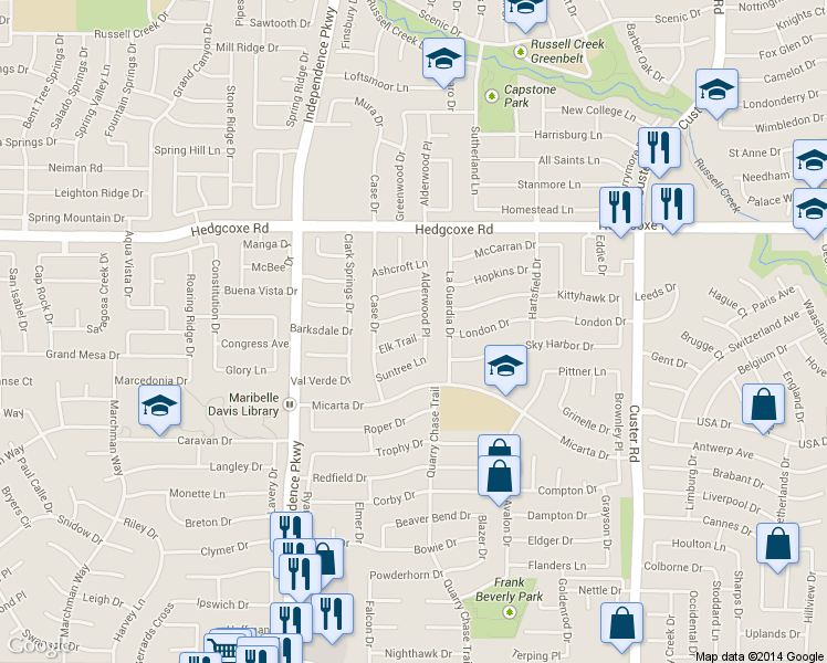 map of restaurants, bars, coffee shops, grocery stores, and more near 2505 Elk Trail in Plano