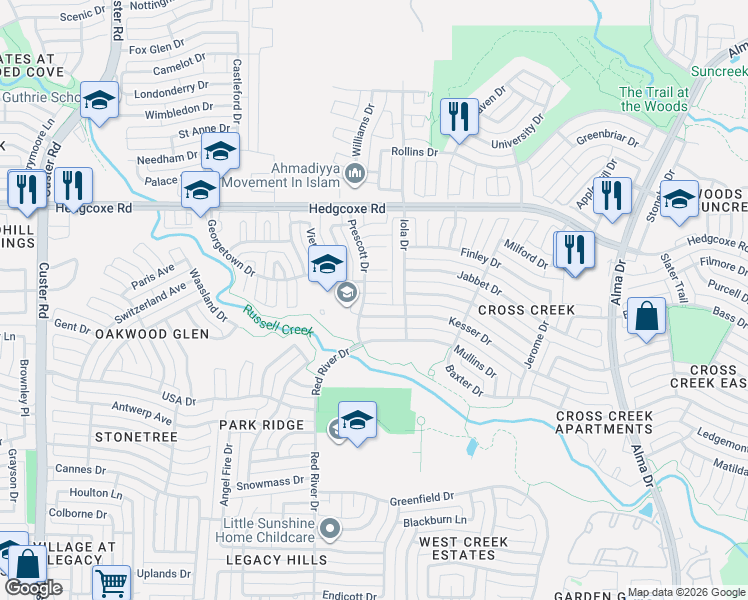 map of restaurants, bars, coffee shops, grocery stores, and more near 1625 Kesser Drive in Plano