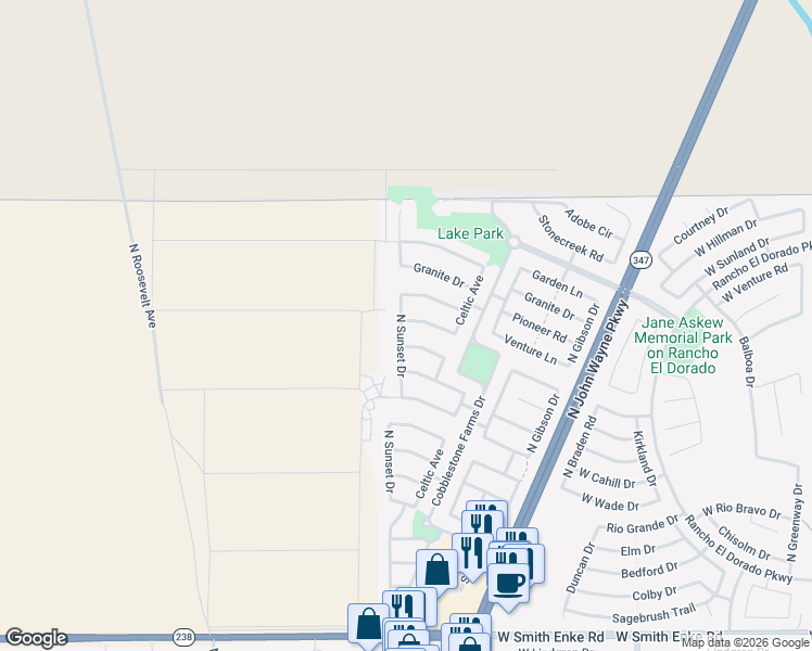 map of restaurants, bars, coffee shops, grocery stores, and more near 44573 Sedona Trail in Maricopa