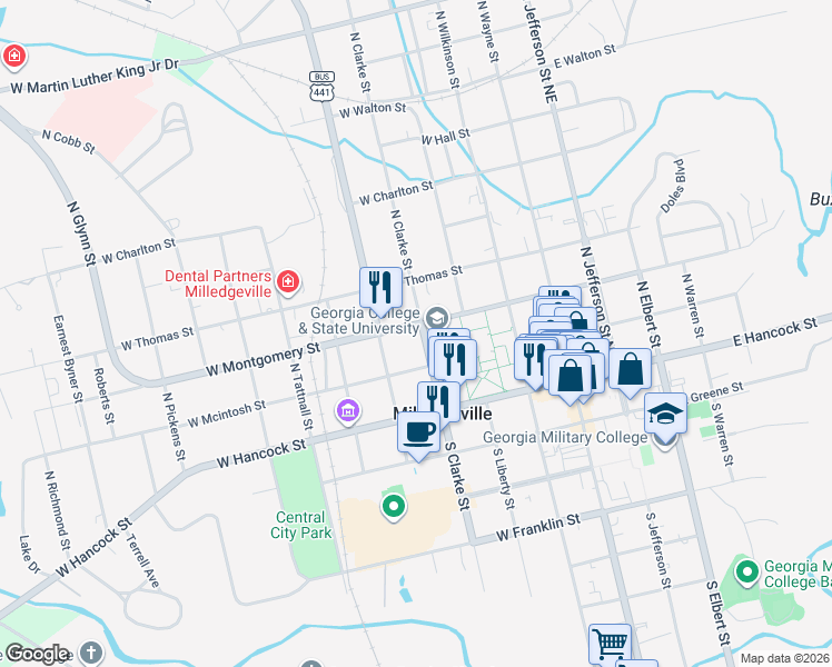 map of restaurants, bars, coffee shops, grocery stores, and more near 240 North Clark Street in Milledgeville