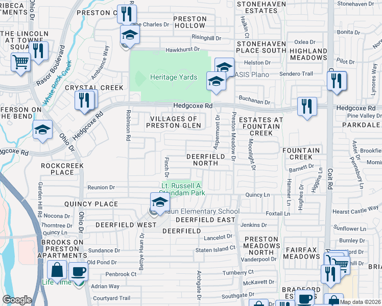 map of restaurants, bars, coffee shops, grocery stores, and more near 4552 Ethridge Drive in Plano