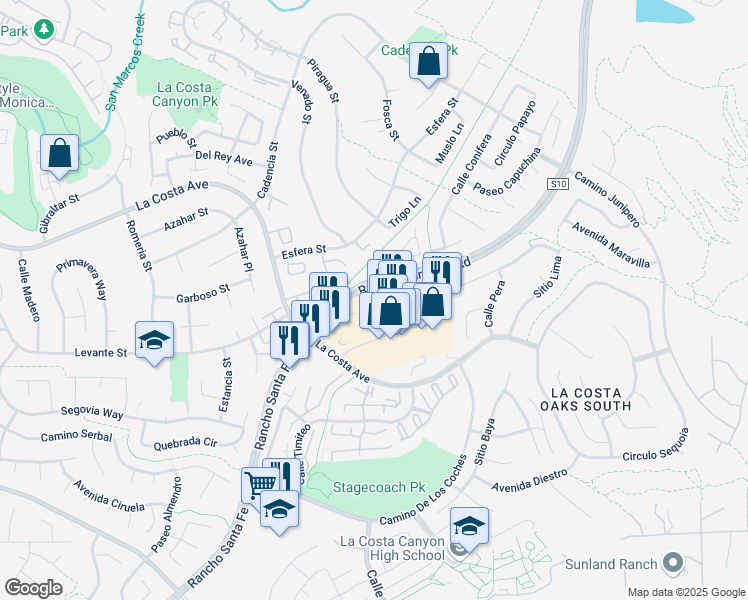 map of restaurants, bars, coffee shops, grocery stores, and more near 3434 Via Mercato in Carlsbad