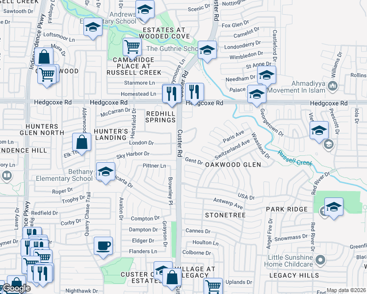 map of restaurants, bars, coffee shops, grocery stores, and more near 2124 London Drive in Plano