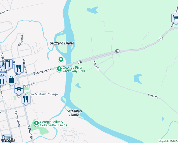 map of restaurants, bars, coffee shops, grocery stores, and more near 138 Old River Bridge Road Southeast in Milledgeville