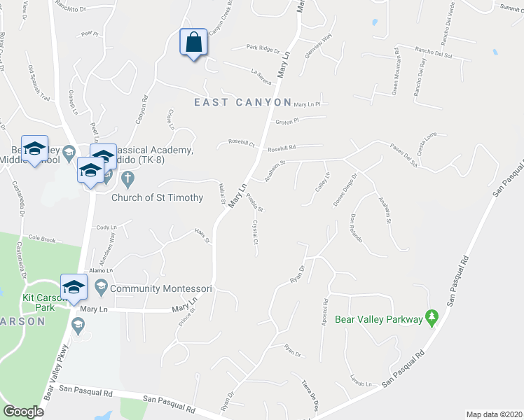 map of restaurants, bars, coffee shops, grocery stores, and more near Puebla Street in Escondido