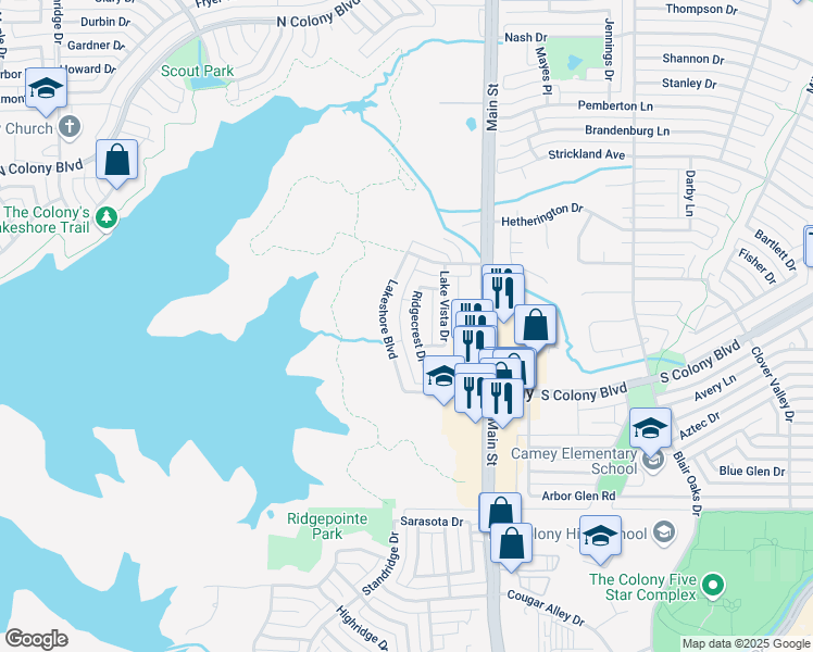 map of restaurants, bars, coffee shops, grocery stores, and more near 5036 Ridgecrest Drive in The Colony