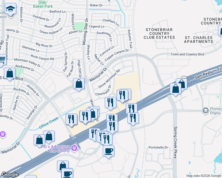 map of restaurants, bars, coffee shops, grocery stores, and more near 6300 Cascades Court in Lewisville