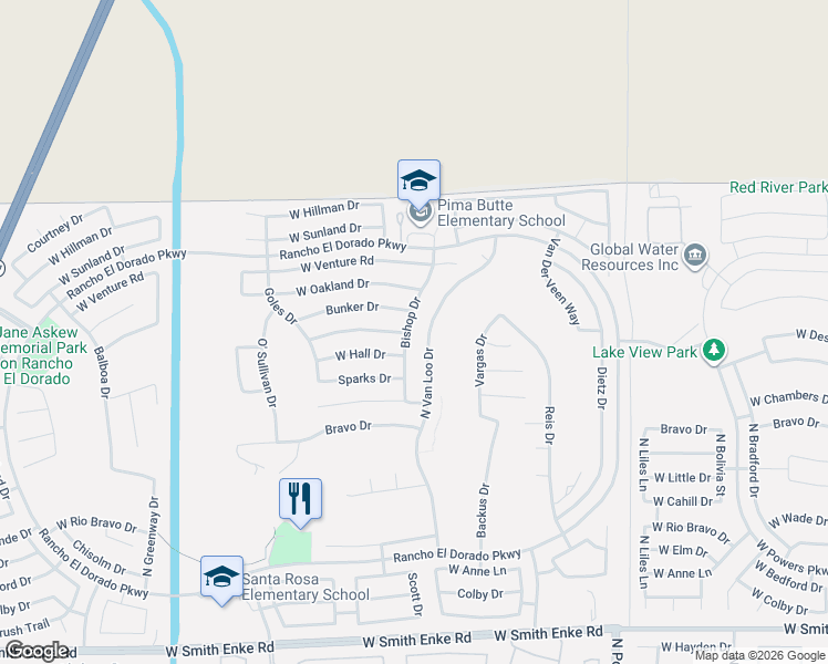 map of restaurants, bars, coffee shops, grocery stores, and more near 22287 Bishop Drive in Maricopa