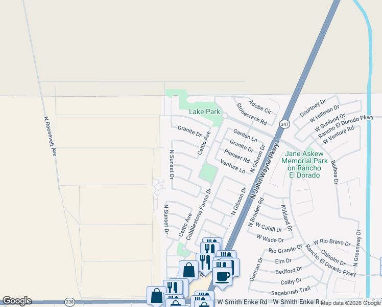 map of restaurants, bars, coffee shops, grocery stores, and more near 44558 Sedona Trail in Maricopa