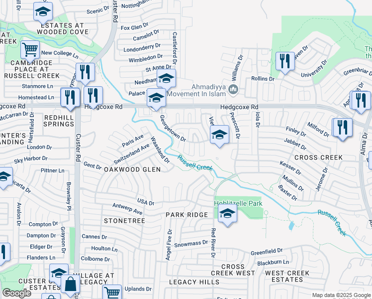 map of restaurants, bars, coffee shops, grocery stores, and more near 7701 Circleview Court in Plano