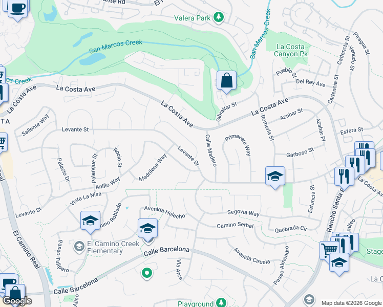 map of restaurants, bars, coffee shops, grocery stores, and more near 2764 Levante Street in Carlsbad