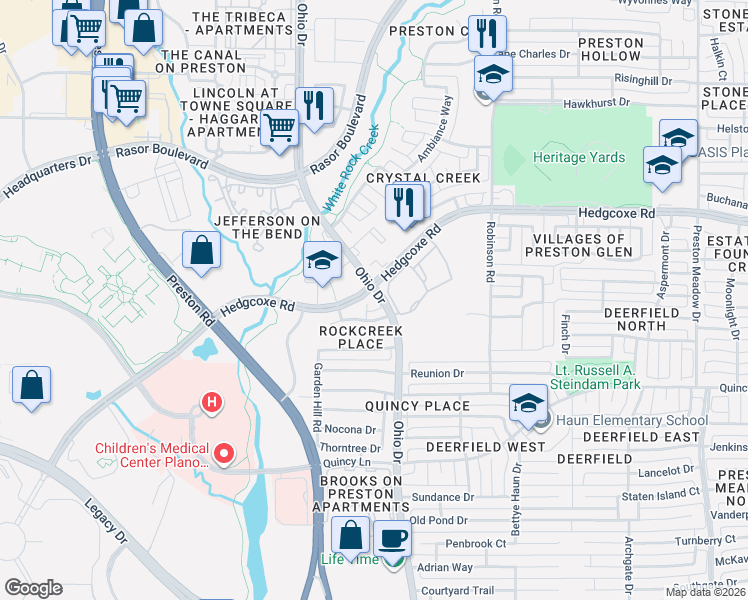 map of restaurants, bars, coffee shops, grocery stores, and more near 4709 Rockcreek Lane in Plano