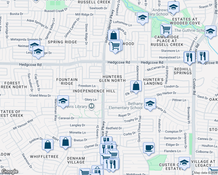 map of restaurants, bars, coffee shops, grocery stores, and more near 2808 Barksdale Drive in Plano
