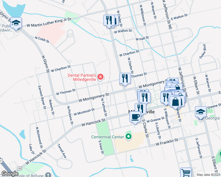 map of restaurants, bars, coffee shops, grocery stores, and more near 601 West Montgomery Street in Milledgeville