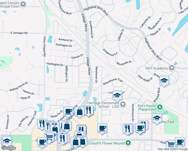 map of restaurants, bars, coffee shops, grocery stores, and more near 3227 Newhaven Drive in Highland Village