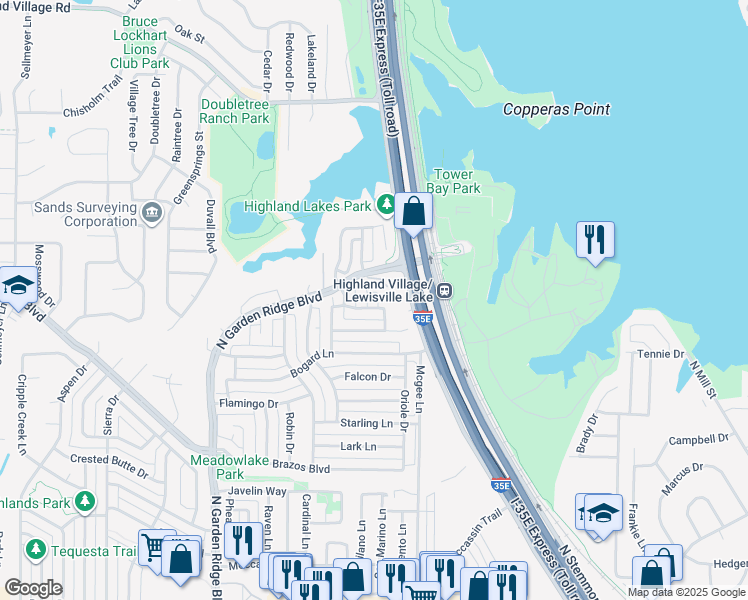 map of restaurants, bars, coffee shops, grocery stores, and more near 2219 Briary Trace Court in Lewisville