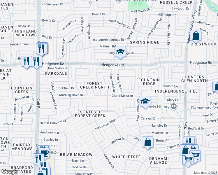 map of restaurants, bars, coffee shops, grocery stores, and more near 7704 Cherry Creek Drive in Plano