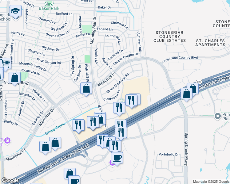 map of restaurants, bars, coffee shops, grocery stores, and more near 5883 Clearwater Court in The Colony