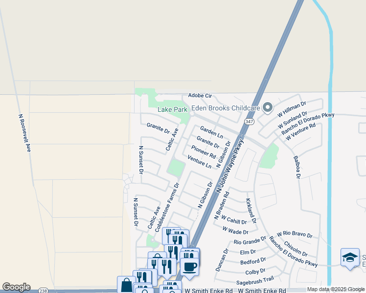 map of restaurants, bars, coffee shops, grocery stores, and more near 22352 Greenland Park Drive in Maricopa