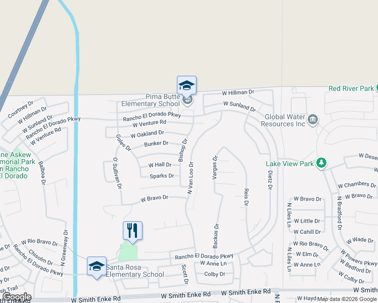 map of restaurants, bars, coffee shops, grocery stores, and more near 22287 Bishop Drive in Maricopa