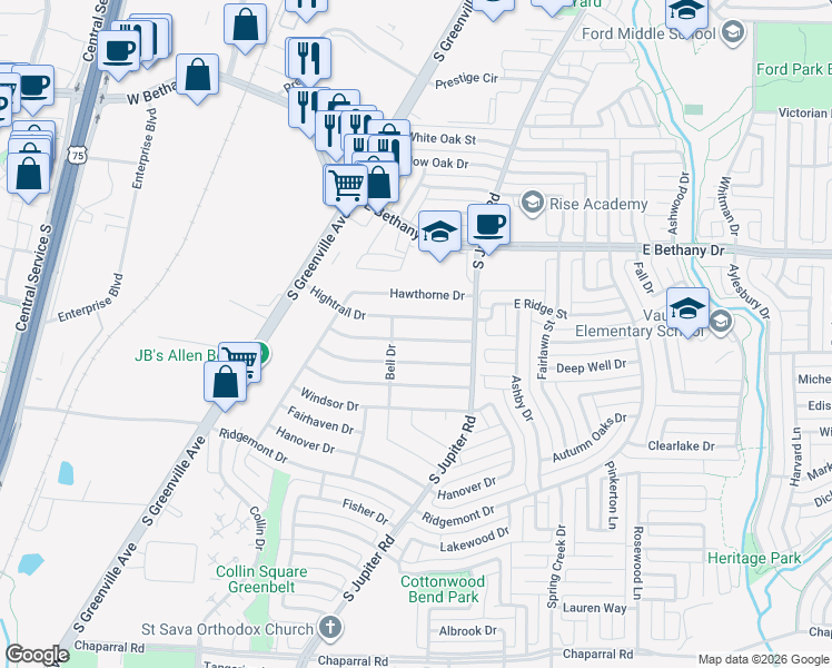 map of restaurants, bars, coffee shops, grocery stores, and more near 539 Northridge Drive in Allen