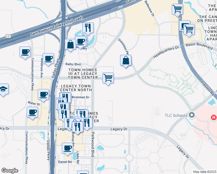 map of restaurants, bars, coffee shops, grocery stores, and more near 5600 Headquarters Drive in Plano