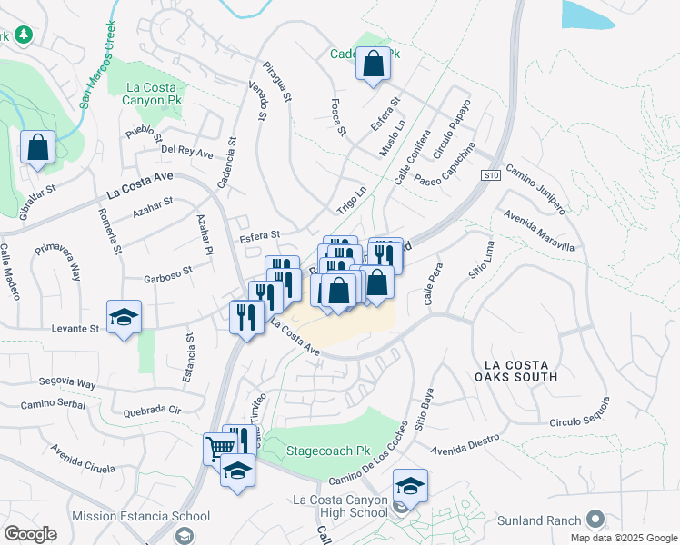 map of restaurants, bars, coffee shops, grocery stores, and more near 3434 Via Mercato in Carlsbad