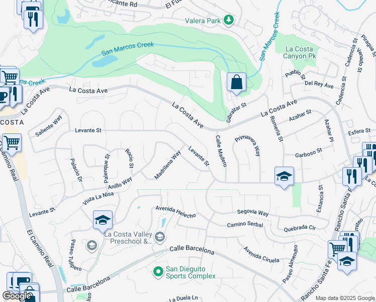 map of restaurants, bars, coffee shops, grocery stores, and more near 2711 Levante Street in Carlsbad