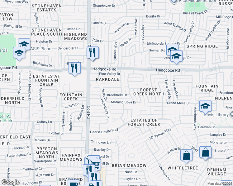 map of restaurants, bars, coffee shops, grocery stores, and more near 3812 Brookfield Drive in Plano
