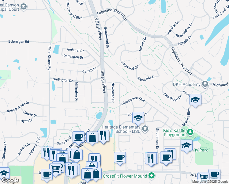 map of restaurants, bars, coffee shops, grocery stores, and more near 3234 Newhaven Drive in Highland Village