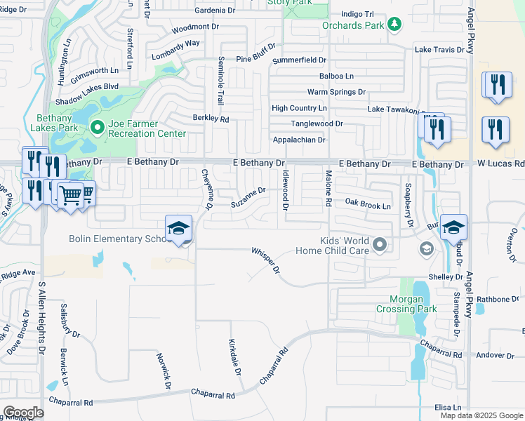 map of restaurants, bars, coffee shops, grocery stores, and more near 1432 Christine Drive in Allen