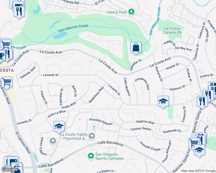 map of restaurants, bars, coffee shops, grocery stores, and more near 2711 Levante Street in Carlsbad