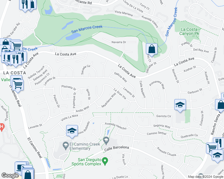 map of restaurants, bars, coffee shops, grocery stores, and more near 2641 La Gran Via in Carlsbad