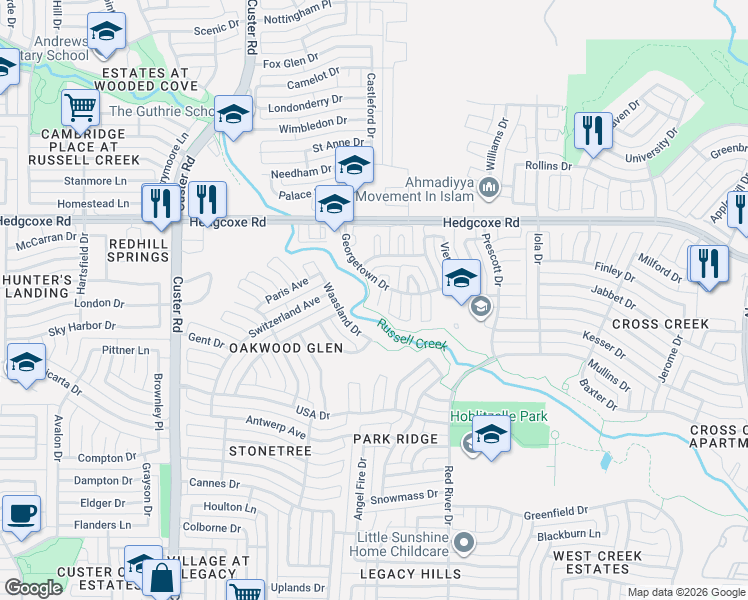 map of restaurants, bars, coffee shops, grocery stores, and more near 7701 Circleview Court in Plano
