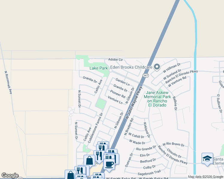 map of restaurants, bars, coffee shops, grocery stores, and more near 44190 Venture Lane in Maricopa